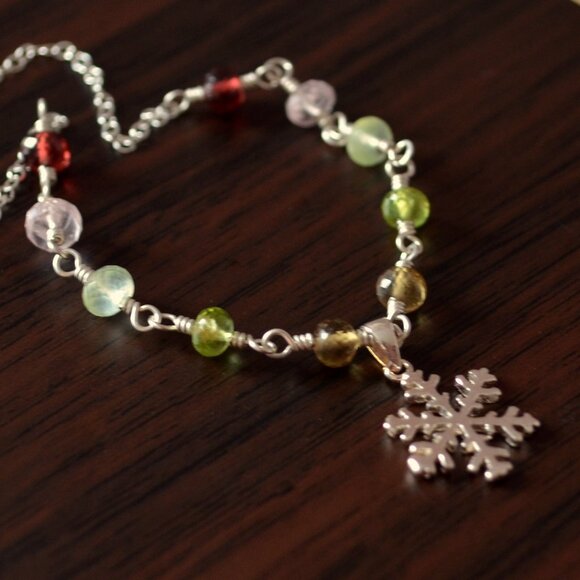 Snowflake Necklace with Christmas Gemstones in Sterling Silver - Picture 1 of 5